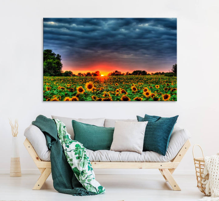 A Golden Sunflower Field at Sunset ready-to-hang wall art canvas print.