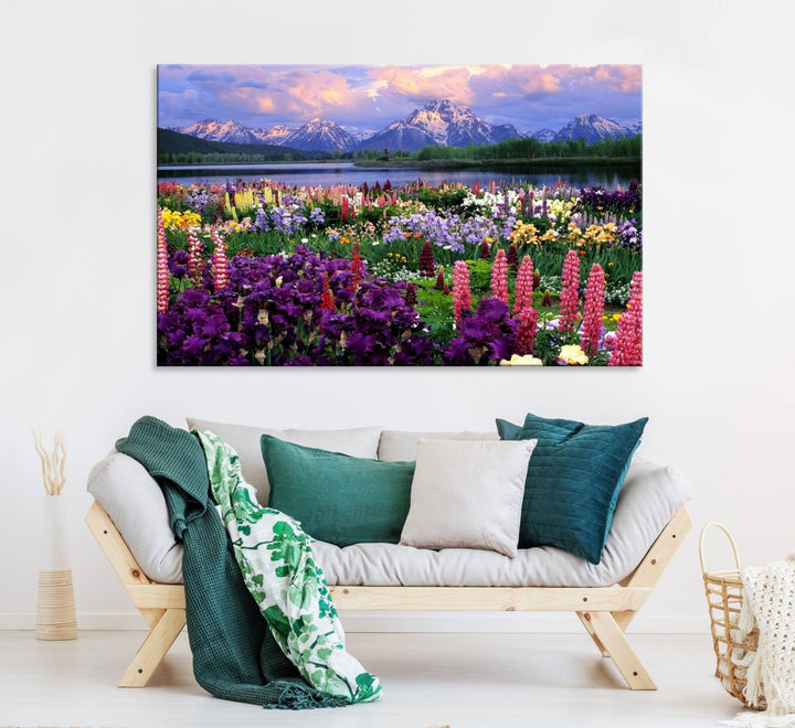 A Vibrant Wildflower Garden and Mountain View Giclee Print is displayed prominently on the wall.