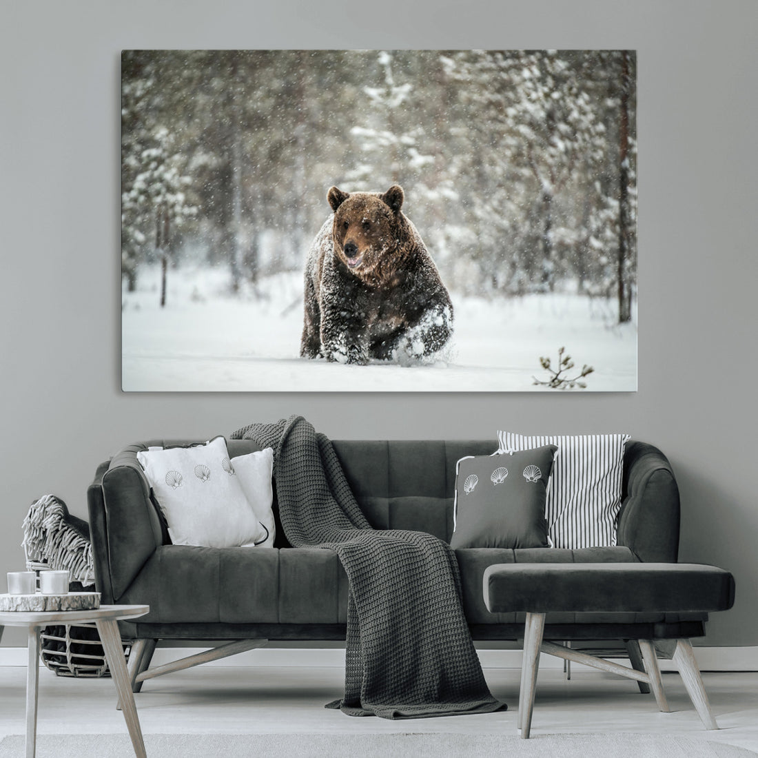 Grizzly Bear Wall Art | Framed Snowy Forest Canvas Artwork