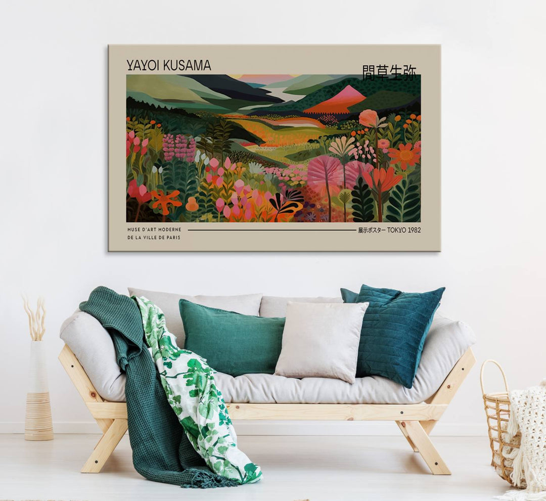 A Yayoi Kusama Landscape Canvas Print brightens the wall with vibrant floral and mountain art.