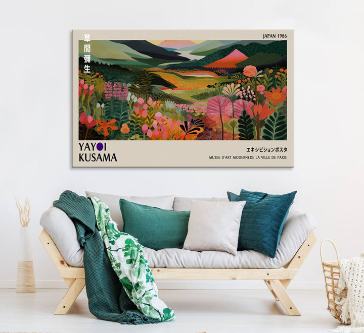 Yayoi Kusamas Landscape Canvas Print with vibrant floral mountain art adorns the wall.