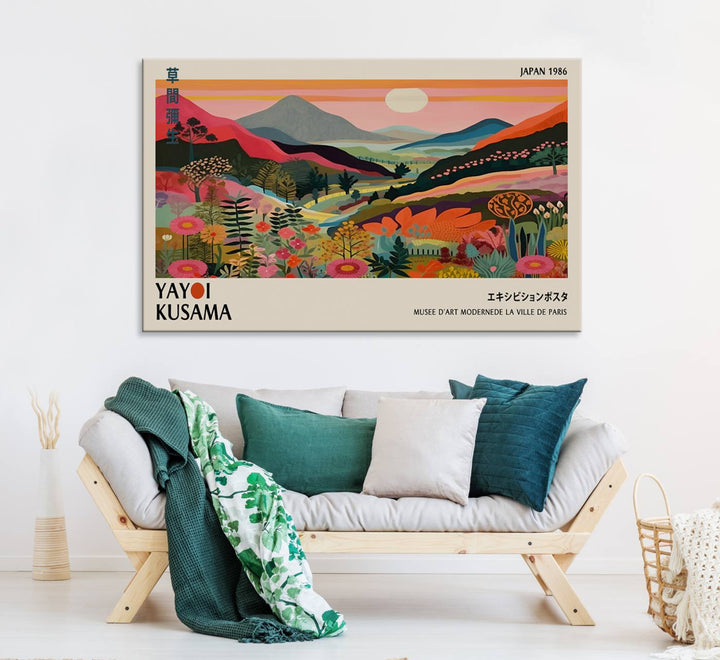 Yayoi Kusama Landscape Canvas Print: Vibrant mountain, sun, trees, and flowers art titled Japan 1936.