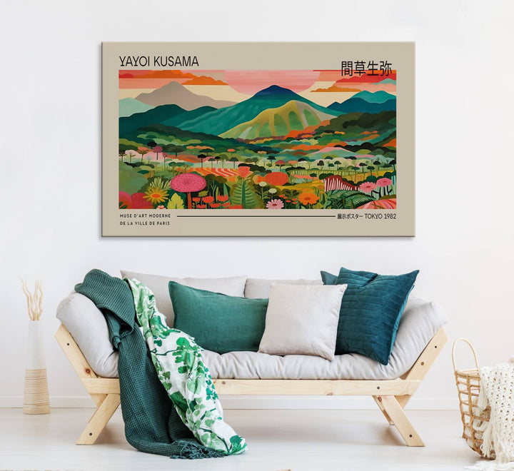 A vibrant floral mountain canvas print by Yayoi Kusama adorns the wall.