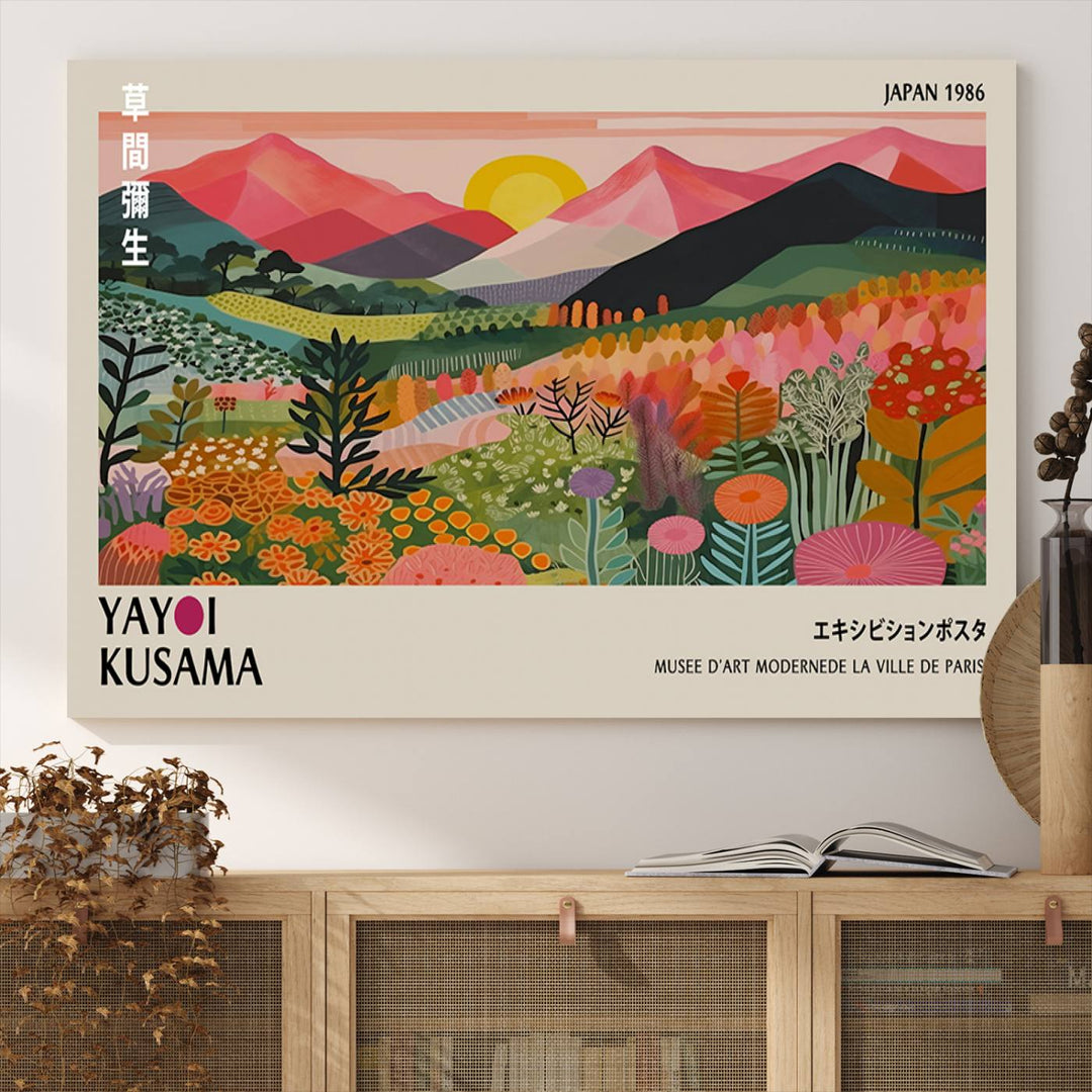 The wall art includes a vintage world map and Yayoi Kusamas colorful landscape.