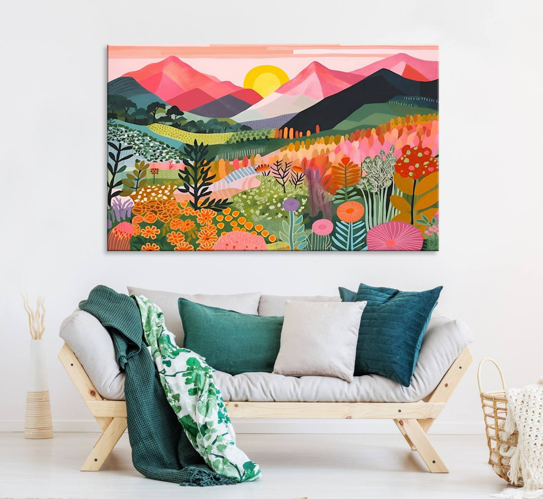 Vibrant abstract landscape canvas: Yayoi Kusama 1986 wall art print featuring mountains, sun, and flowers. Ready-to-hang.