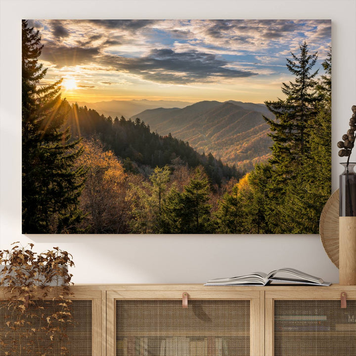 The dining area is beautifully decorated with the Sunrise Over the Smoky Mountains Canvas Wall Art – a breathtaking scenic landscape photography in a stunning triptych that's ready to hang.