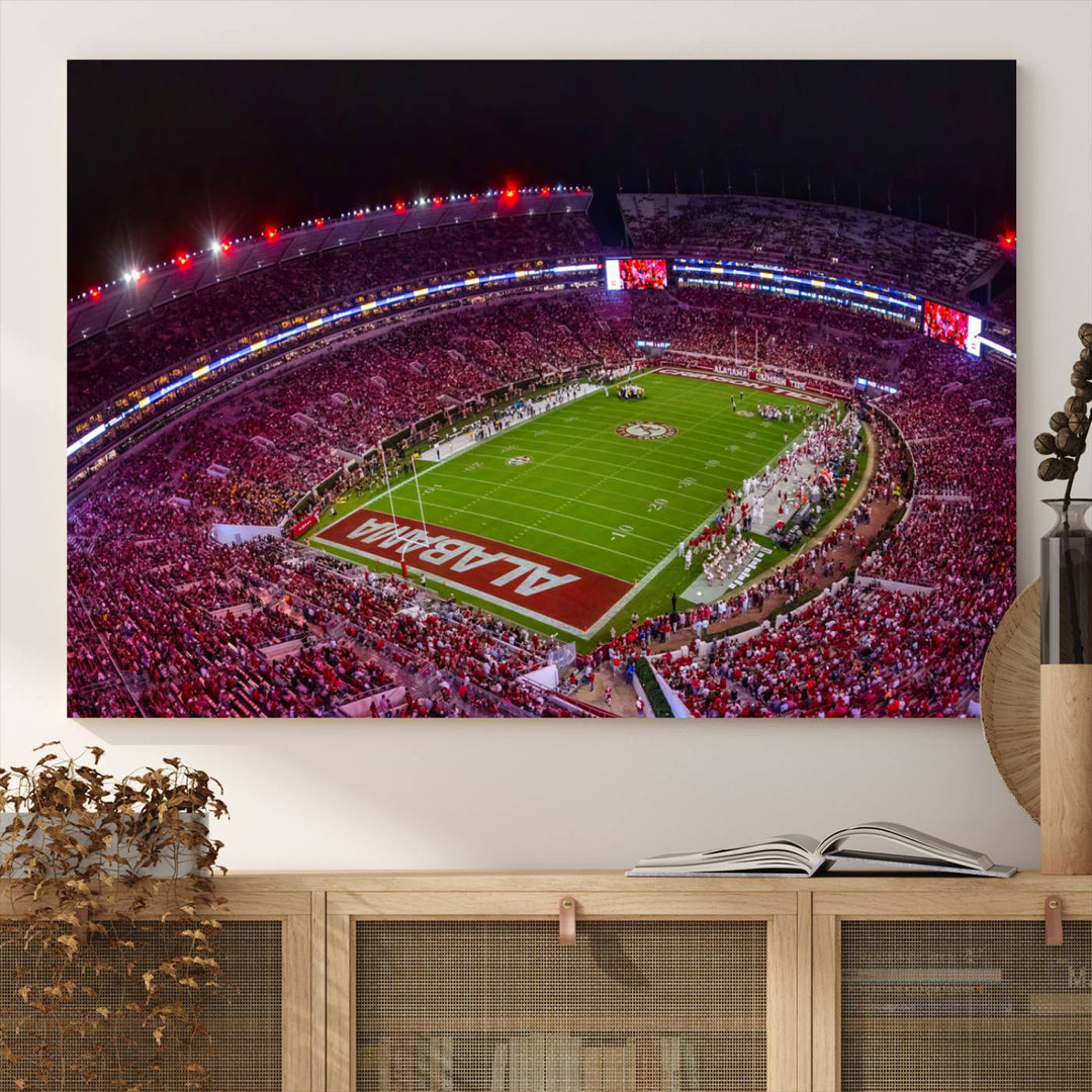 The living room features a Bryant-Denny Stadium Night Game Triple Canvas Wall Art.