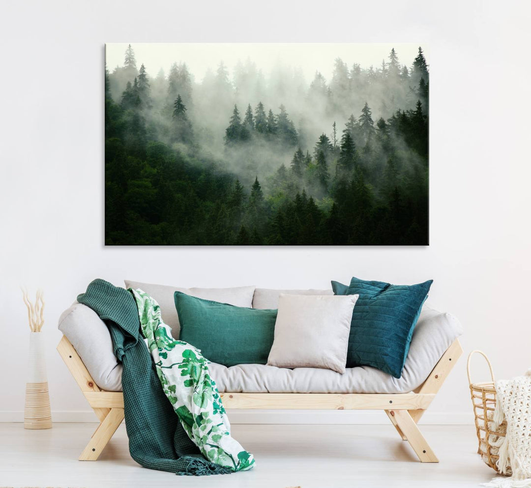 The Misty Forest Wall Art Canvas Print captures a serene, foggy evergreen landscape, evoking a mysterious woodland ambiance.