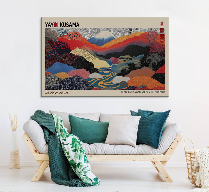 The room showcases Kusamas 1986 vibrant abstract landscape wall art print.