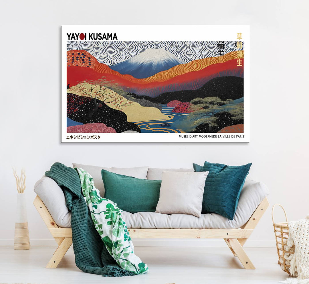 A vibrant abstract landscape canvas framed Yayoi Kusama wall art print features swirling patterns.