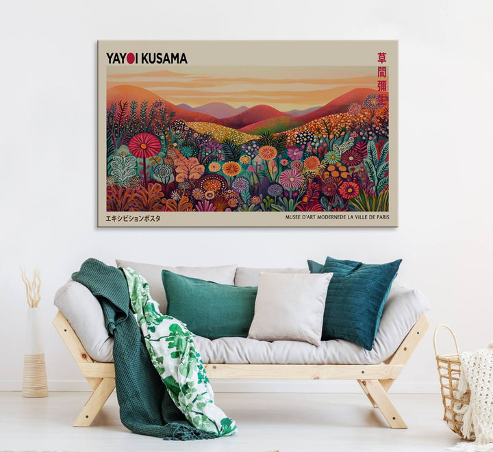 A framed Yayoi Kusama abstract landscape art print adorns the wall.