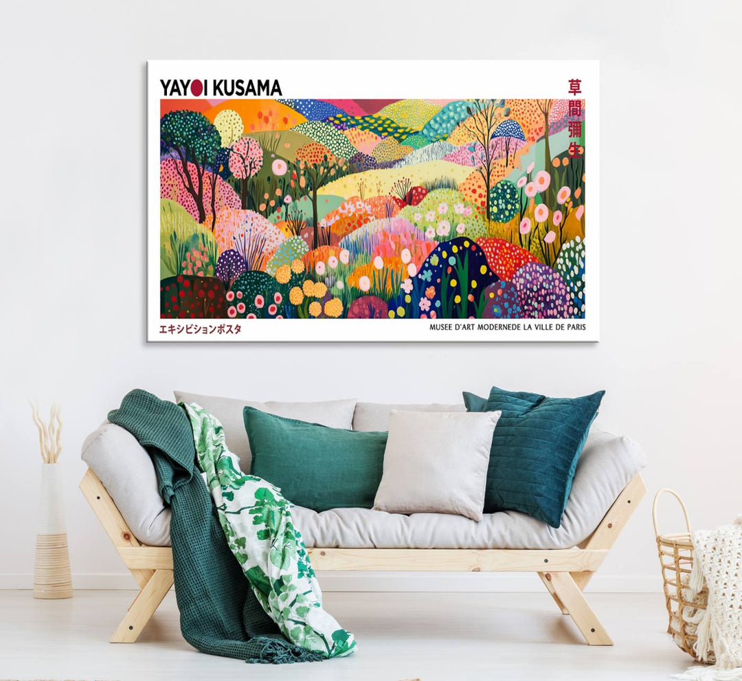 The Framed Yayoi Kusama 1986 Wall Art Print enhances the space.