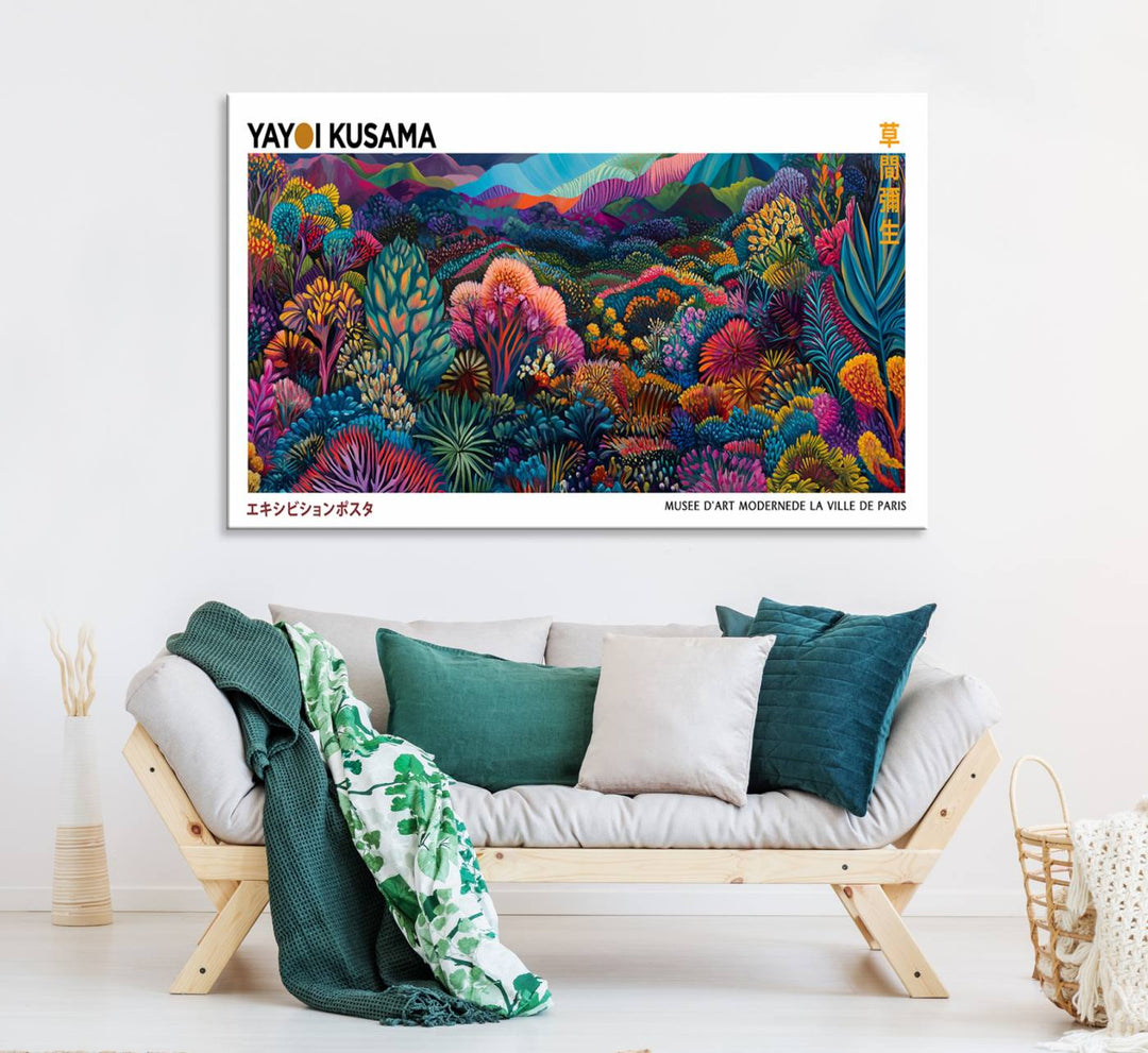 A framed Yayoi Kusama print hangs on the wall.