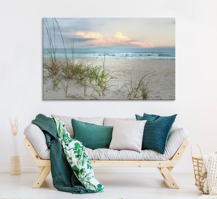 Flight Over Coastal Beach print on UV canvas displayed against white walls.