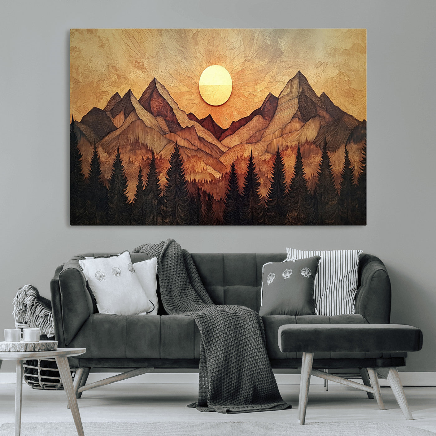 MGV-CV-36X24 - Wood Style Abstract Mountain Sunset Canvas Wall Art Print - Warm Earth Nature-Inspired Decor for