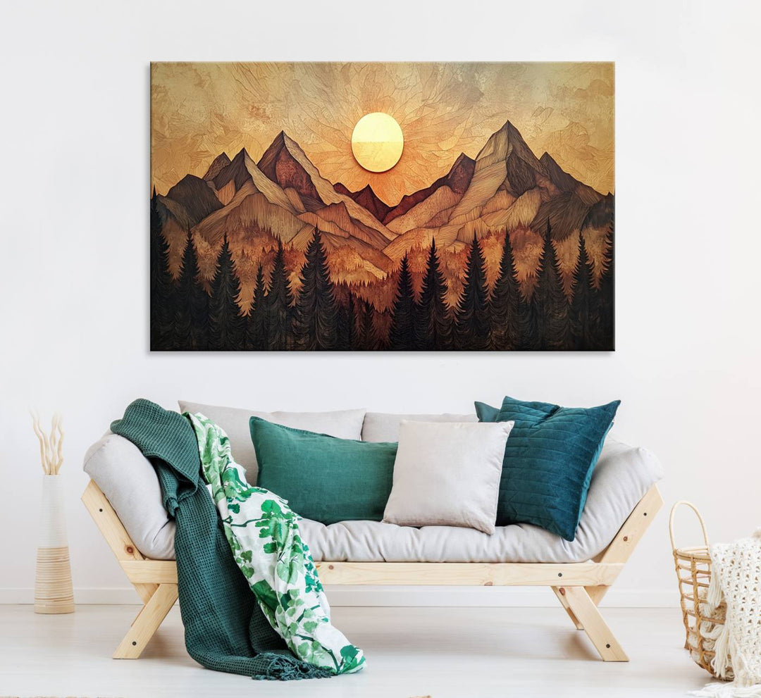 The dining area features a Wood Style Abstract Mountain Sunset canvas wall art print.