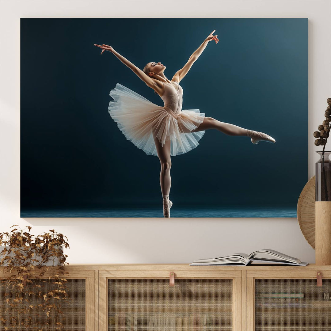 This stunning Ballerina Canvas Wall Art Print captures the elegance of a ballet dancer in motion, beautifully highlighted against a stage-like backdrop with delicate decor and natural elements. As graceful dance-inspired wall decor, it adds an element of grace and movement to any living room, office, or bedroom and is ready to hang.