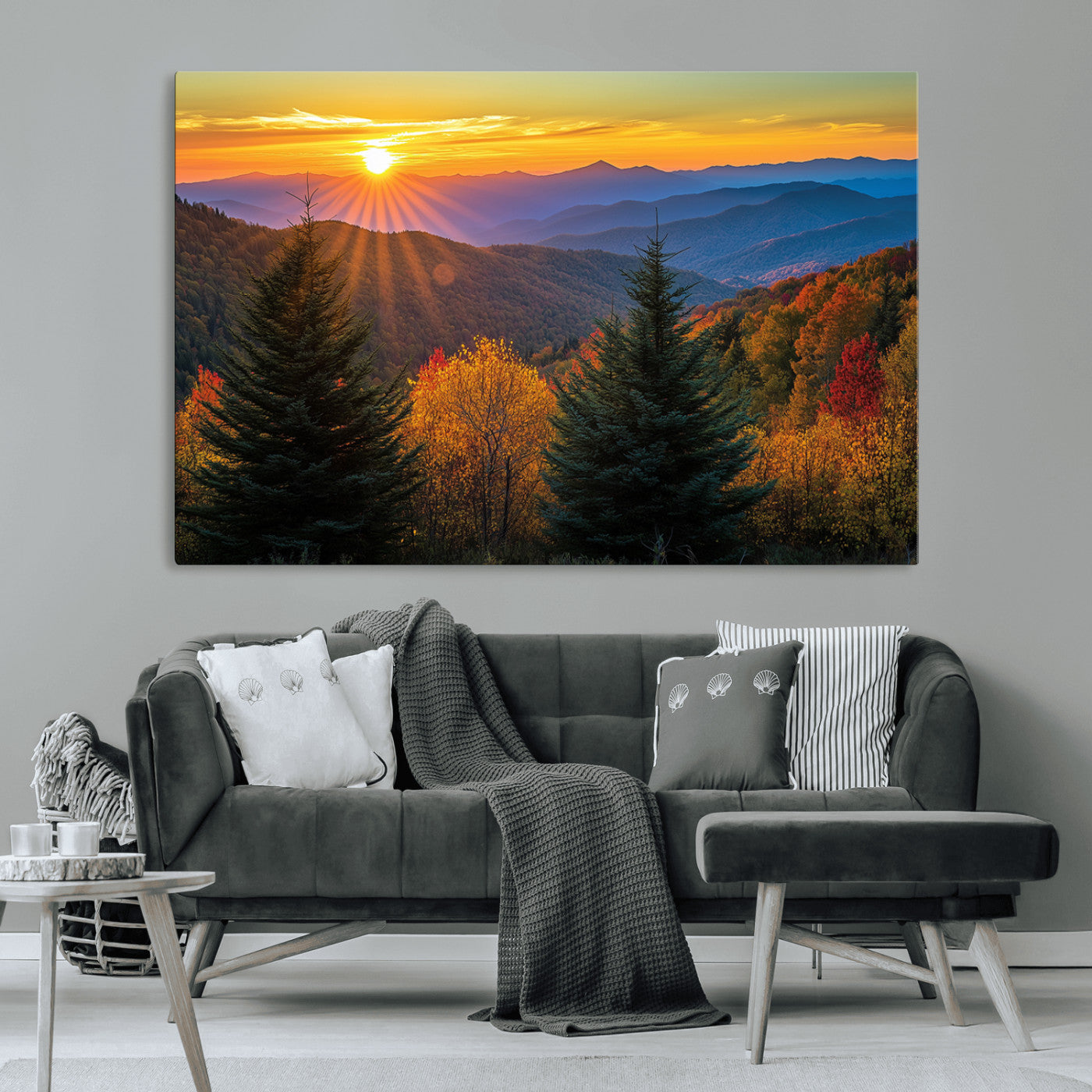 MGV-CV-36X24 - Golden Sunset Over Mountain Forest Canvas Wall Art Print - Warm Nature-Inspired Landscape for Living