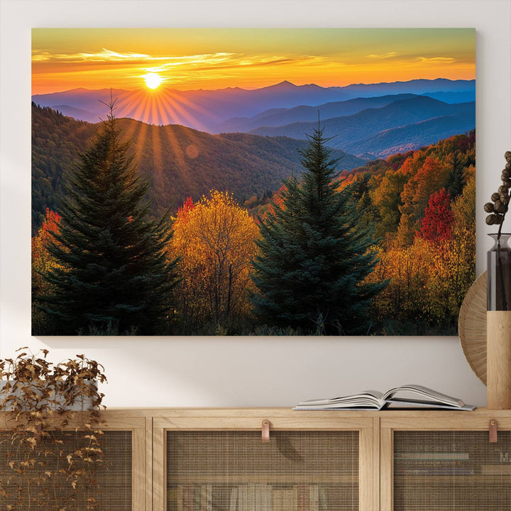 Golden Sunset Over Mountain Forest Canvas Wall Art Print - Warm Nature-Inspired Landscape for Living Room, Dining Room, or Office, Ready to Hang