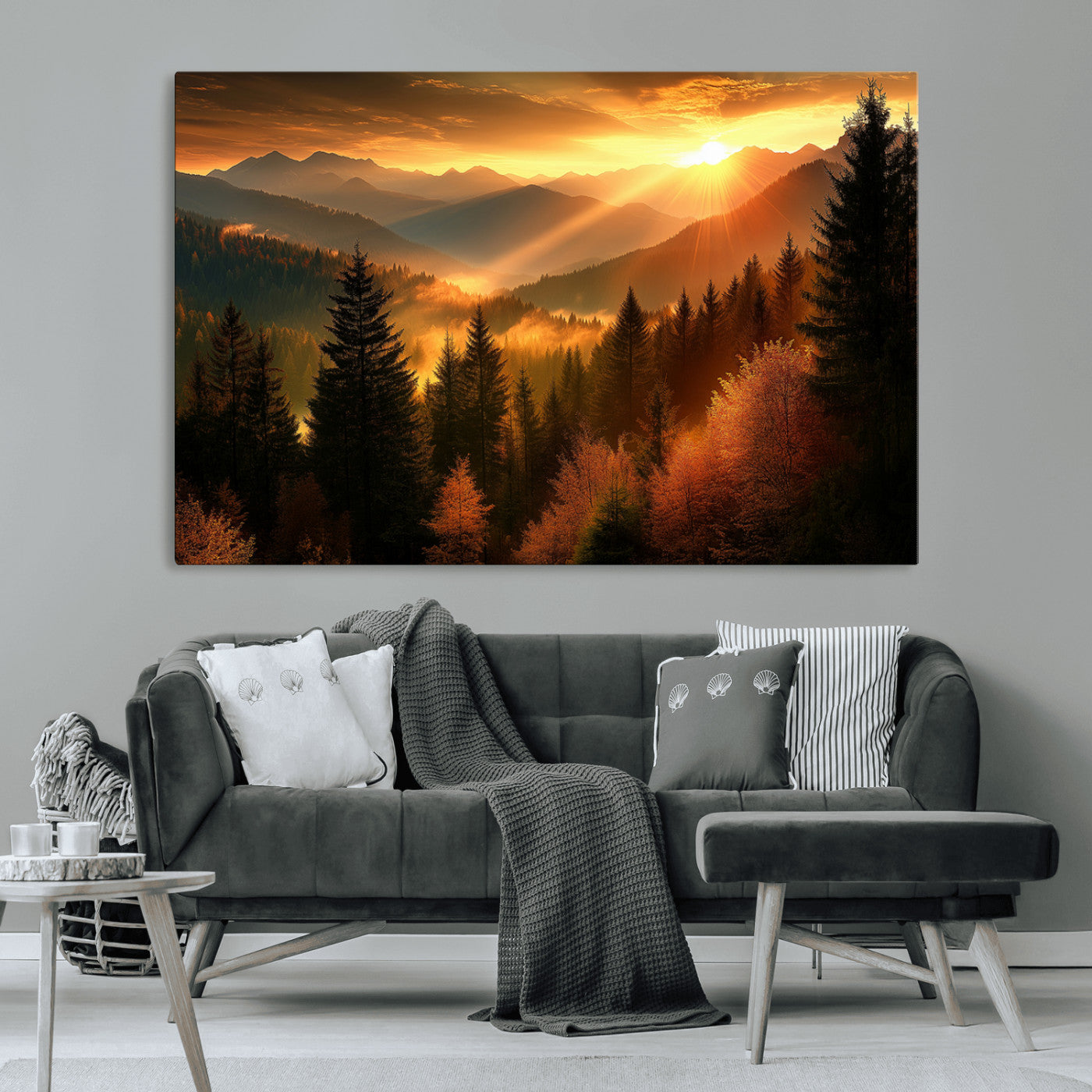 MGV-CV-36X24 - Golden Sunset Over Mountain Forest Canvas Wall Art Print - Warm Nature Landscape Print