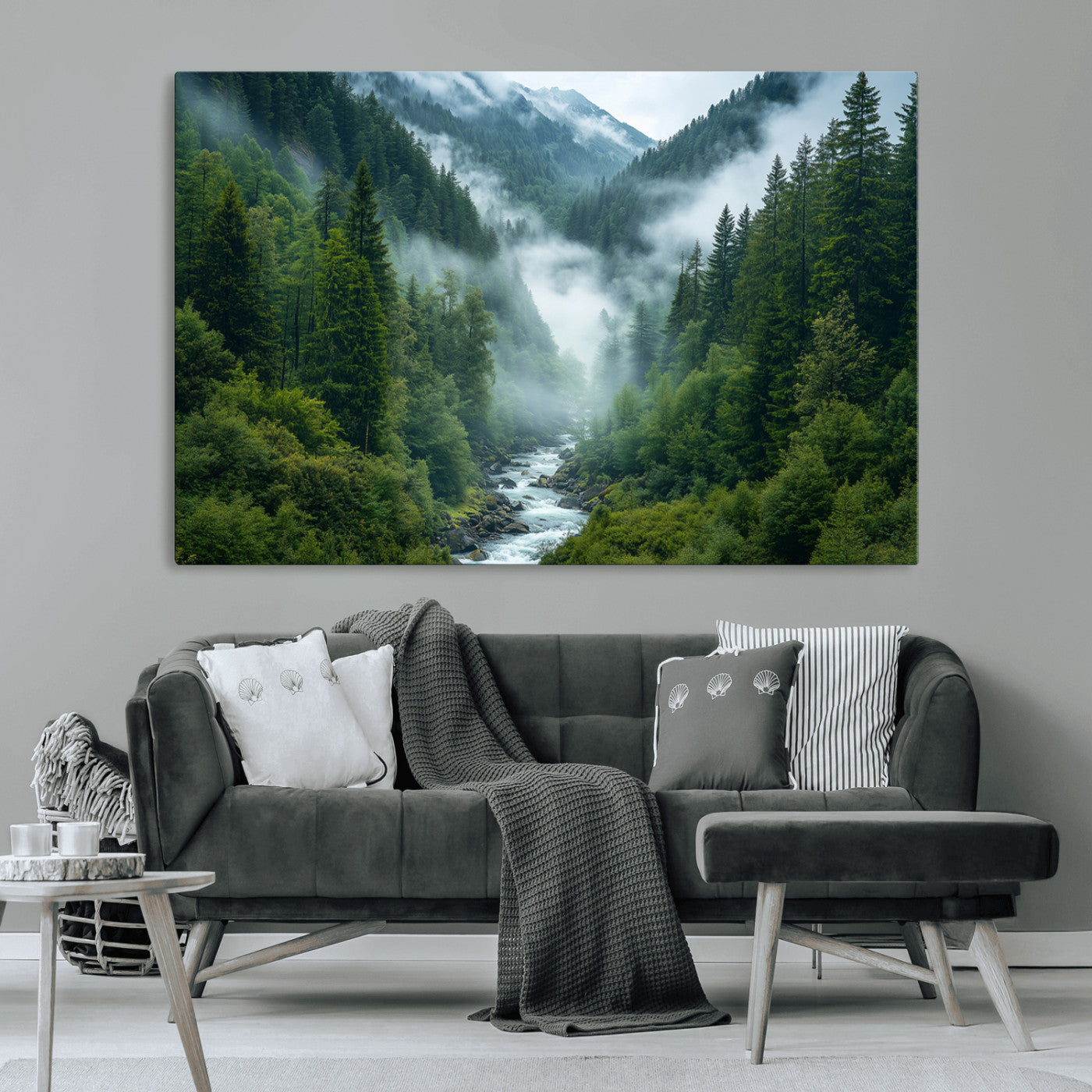 MGV-CV-36X24 - Mountain Forest River Canvas Wall Art Print - Serene Nature Landscape for Living Room, Office, or