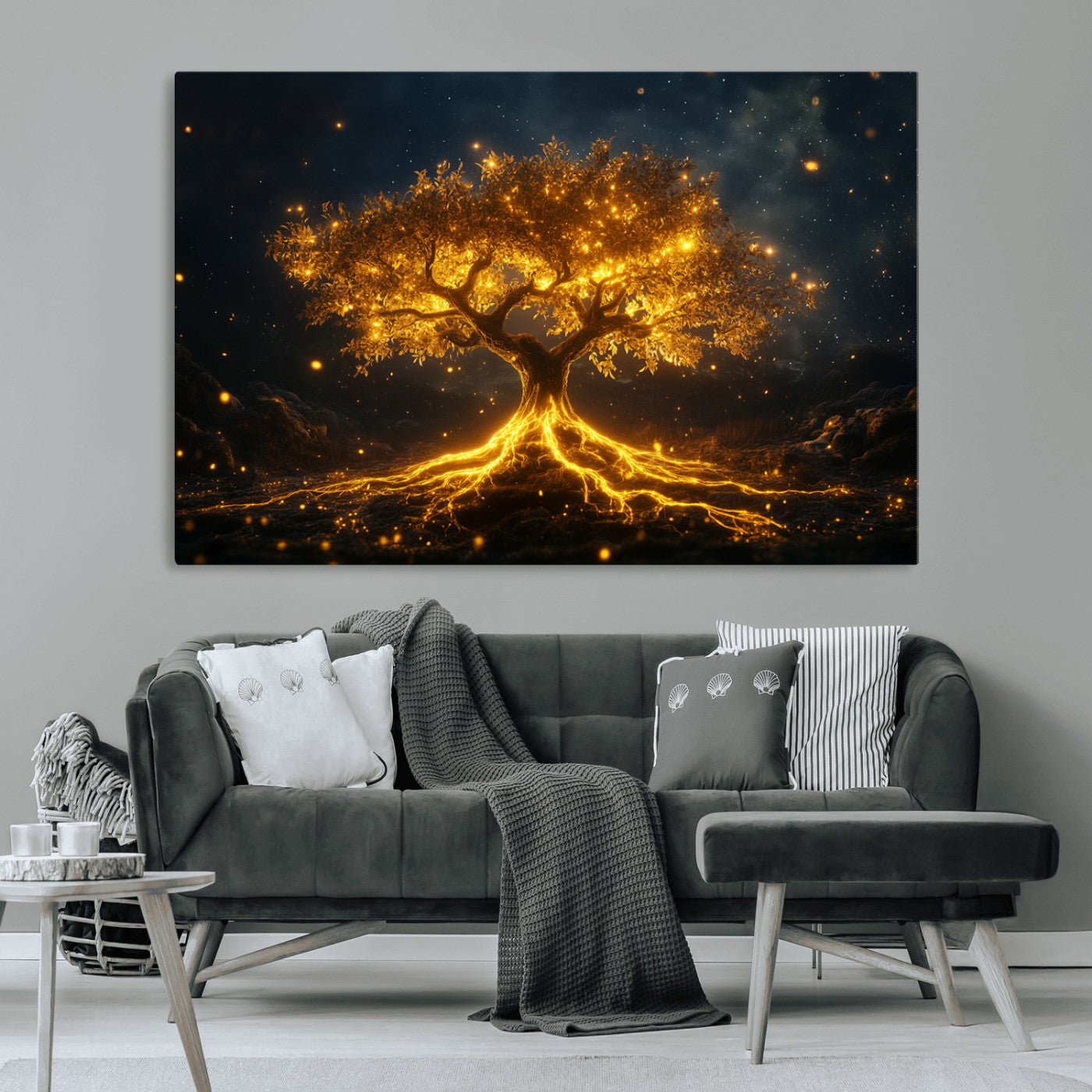 MGV-CV-36X24 - Golden Tree of Life Canvas Wall Art Print - Majestic Glowing Tree Design for Living Room, Office, or
