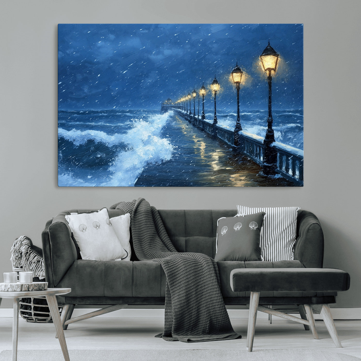 MGV-CV-36X24 - Stormy Ocean Pier Lights Canvas Wall Art Print - Large Moody Night Scene for Living Room, or Office,