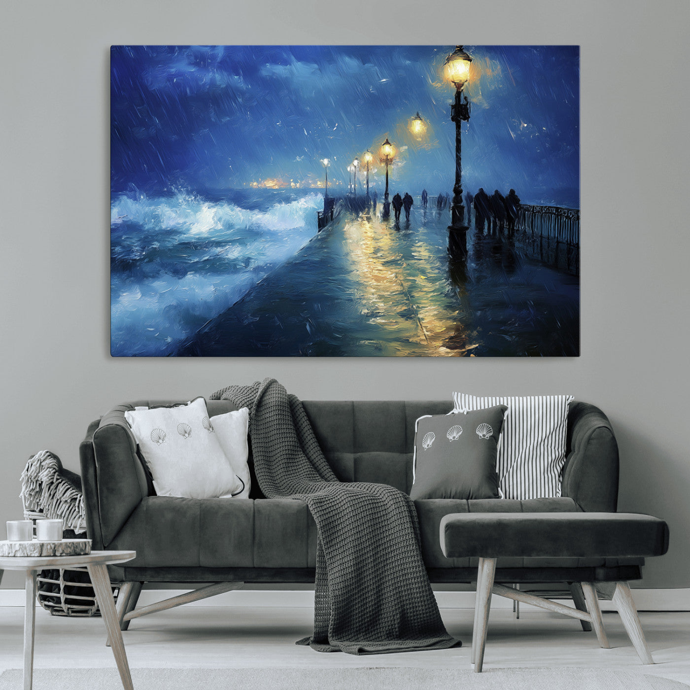 MGV-CV-36X24 - Abstract Stormy Ocean Pier Canvas Wall Art Print | Stormy Ocean Art | Large Moody Night Scene Print,