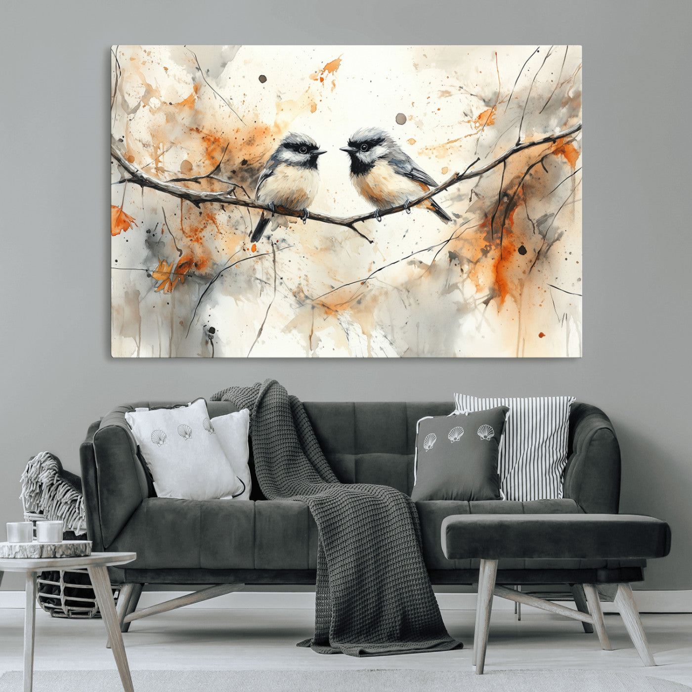 MGV-CV-36X24 - Abstract Watercolor Chickadee Bird Canvas Wall Art Print - Large Bird and Branch Wall Art, Modern