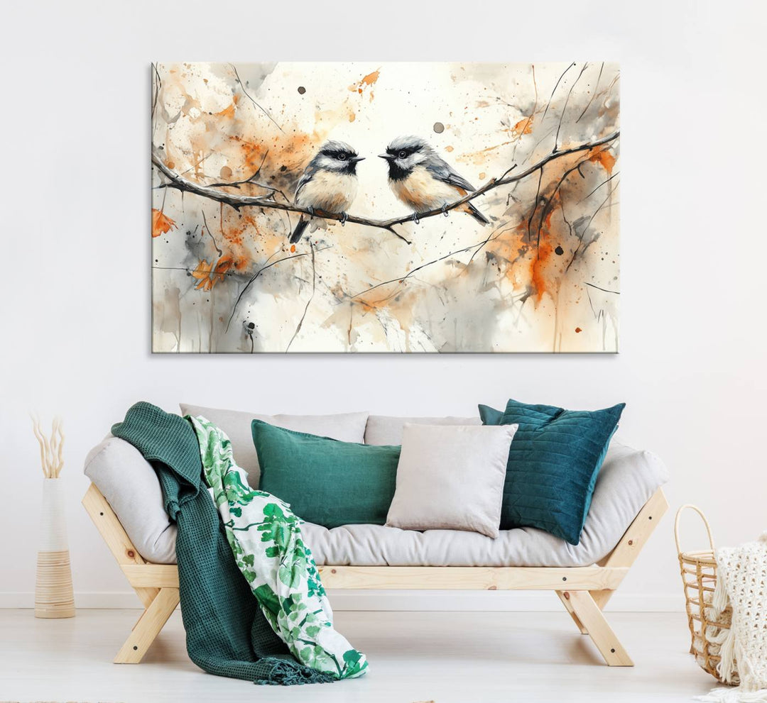 Abstract Watercolor Chickadee Bird Canvas Wall Art Print - Large Bird and Branch Wall Art, Modern Wildlife Wall Decor