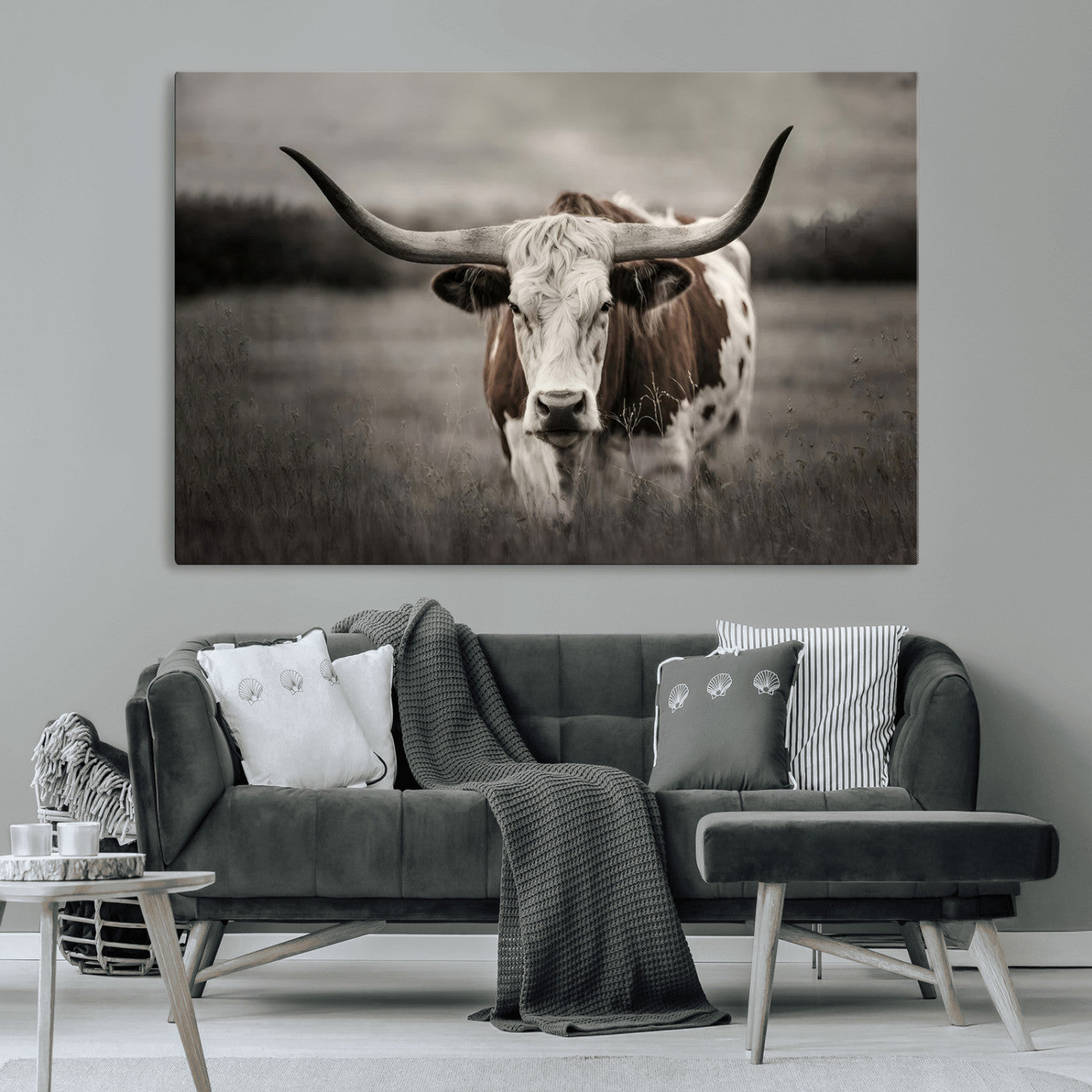 MGV-CV-36X24 - Texas Longhorn Cow Canvas Wall Art Print - Large Rustic Longhorn Art for Living Room, Western Wall
