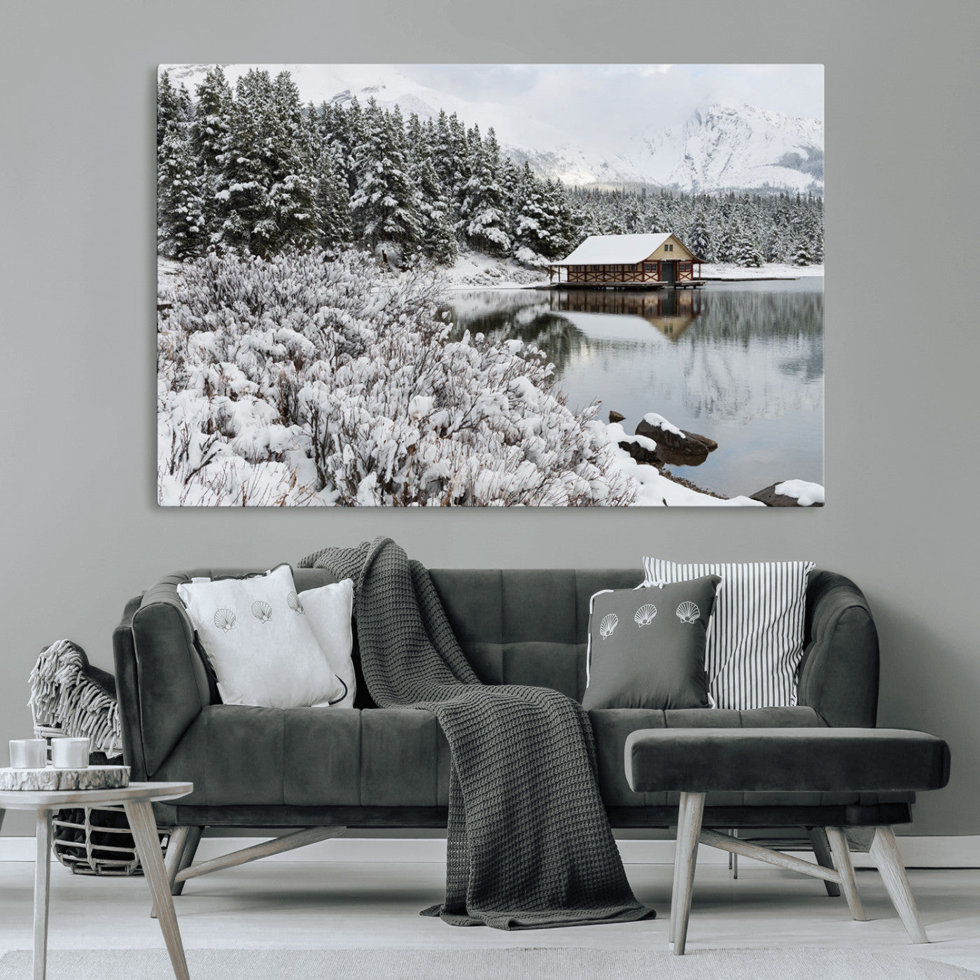 MGV-CV-36X24 - Winter Wall Art - Cabin by the Lake Canvas Wall Art - Serene Snowy Landscape with Mountain View,