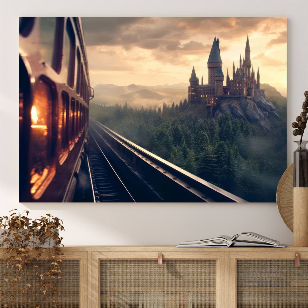 The "Harry Castle Wall Art Canvas Print," depicting a train and castle at sunrise, is elegantly featured with its gallery-quality finish in the modern living room.