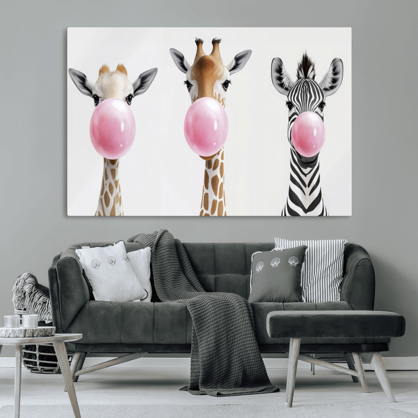 MGV-CV-36X24 - Bubblegum Animals Canvas Wall Art - Playful Giraffe and Zebra Trio, Fun Nursery Decor for Kids'