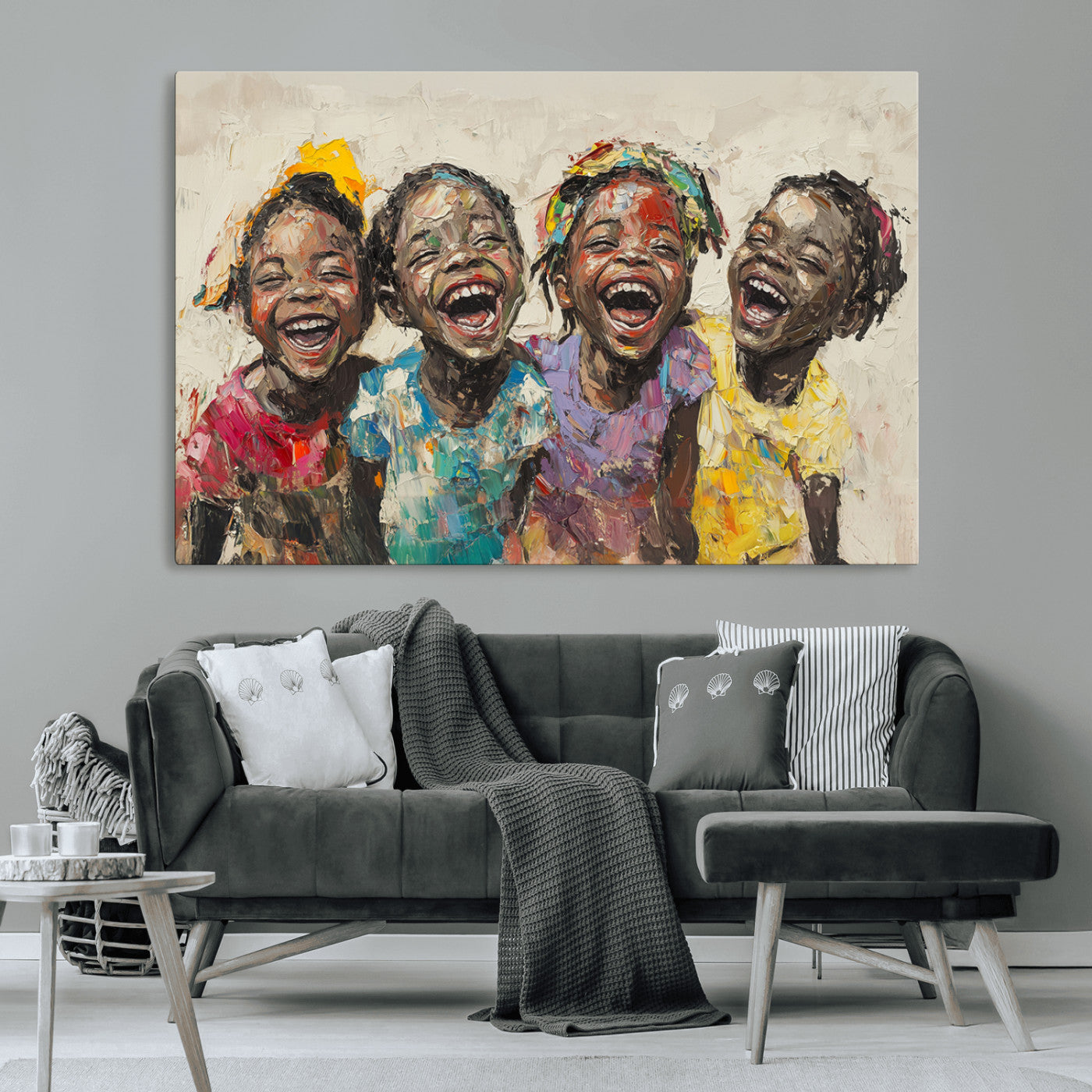 MGV-CV-36X24 - Shai Yossef style Joyful Childhood Canvas Wall Art - Expressive Impasto Painting of Black Children