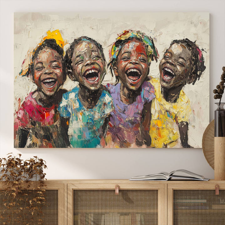 The Shai Yossef style "Joyful Childhood Canvas Wall Art" beautifully depicts an expressive impasto painting of three cheerful black children laughing, capturing the joyous essence of childhood.