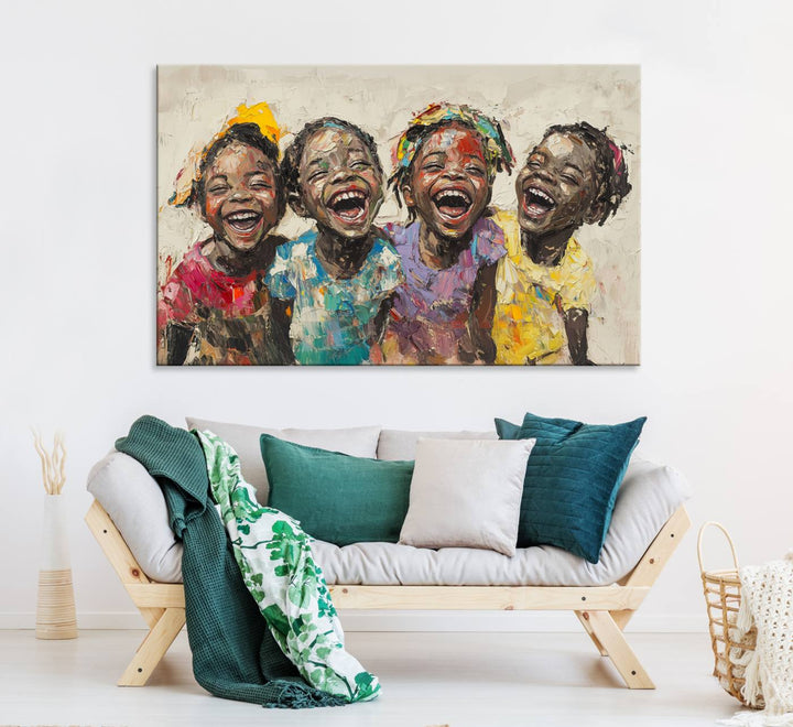 The Joyful Childhood Canvas Art by Shai Yossef, depicting kids laughing, is featured in the living room.