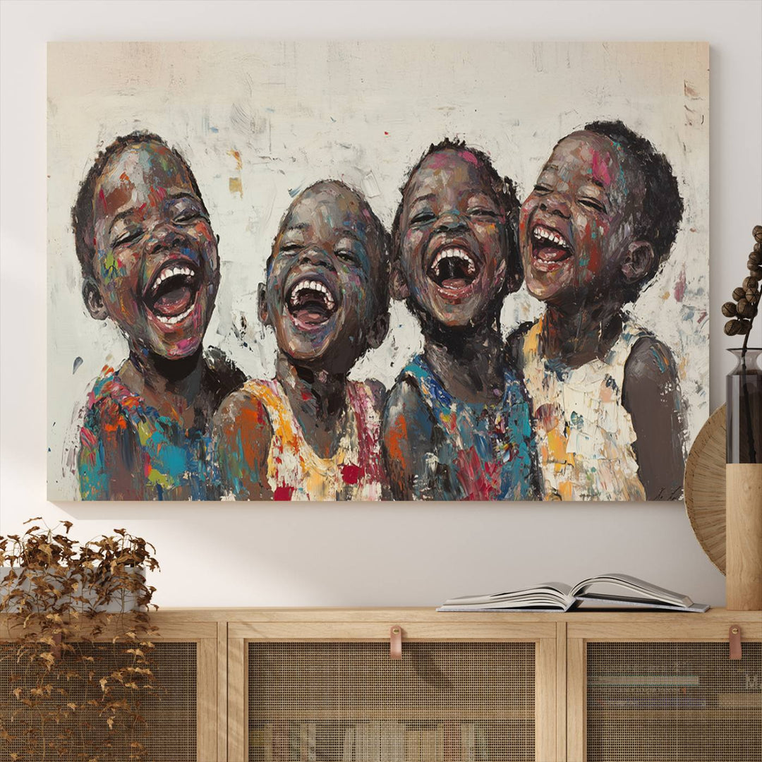 This Shai Yossef Print - Joyful Childhood Canvas Wall Art is an expressive impasto painting of laughing children. As framed abstract art for your living room, it adds a touch reminiscent of Shai Yossef's unique style to any living space.