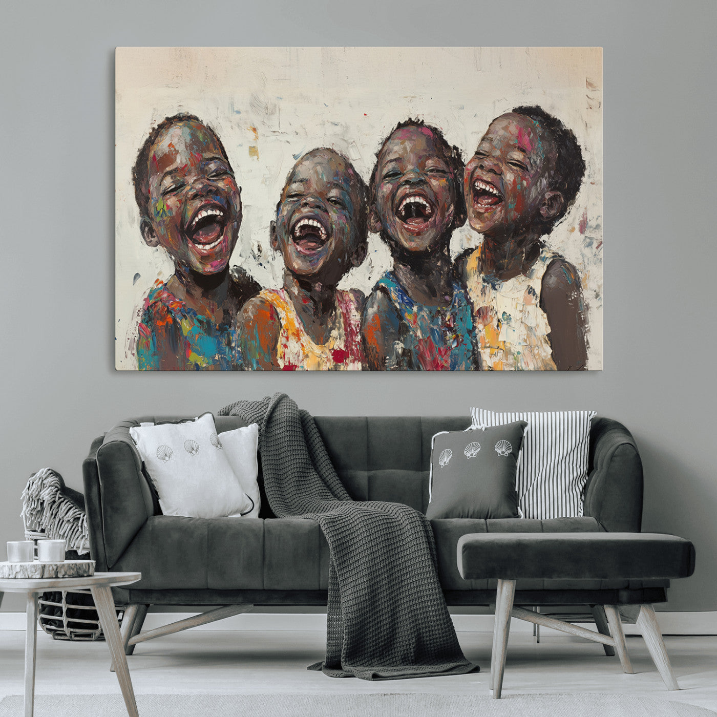 85256-MGV-CV-36X24-Shai Yossef Print - Joyful Childhood Canvas Wall Art - Expressive Impasto Painting of Laughing