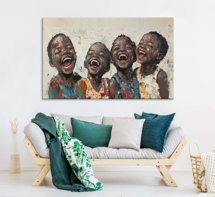 A living room featuring the Shai Yossef Joyful Childhood Canvas Wall Art.