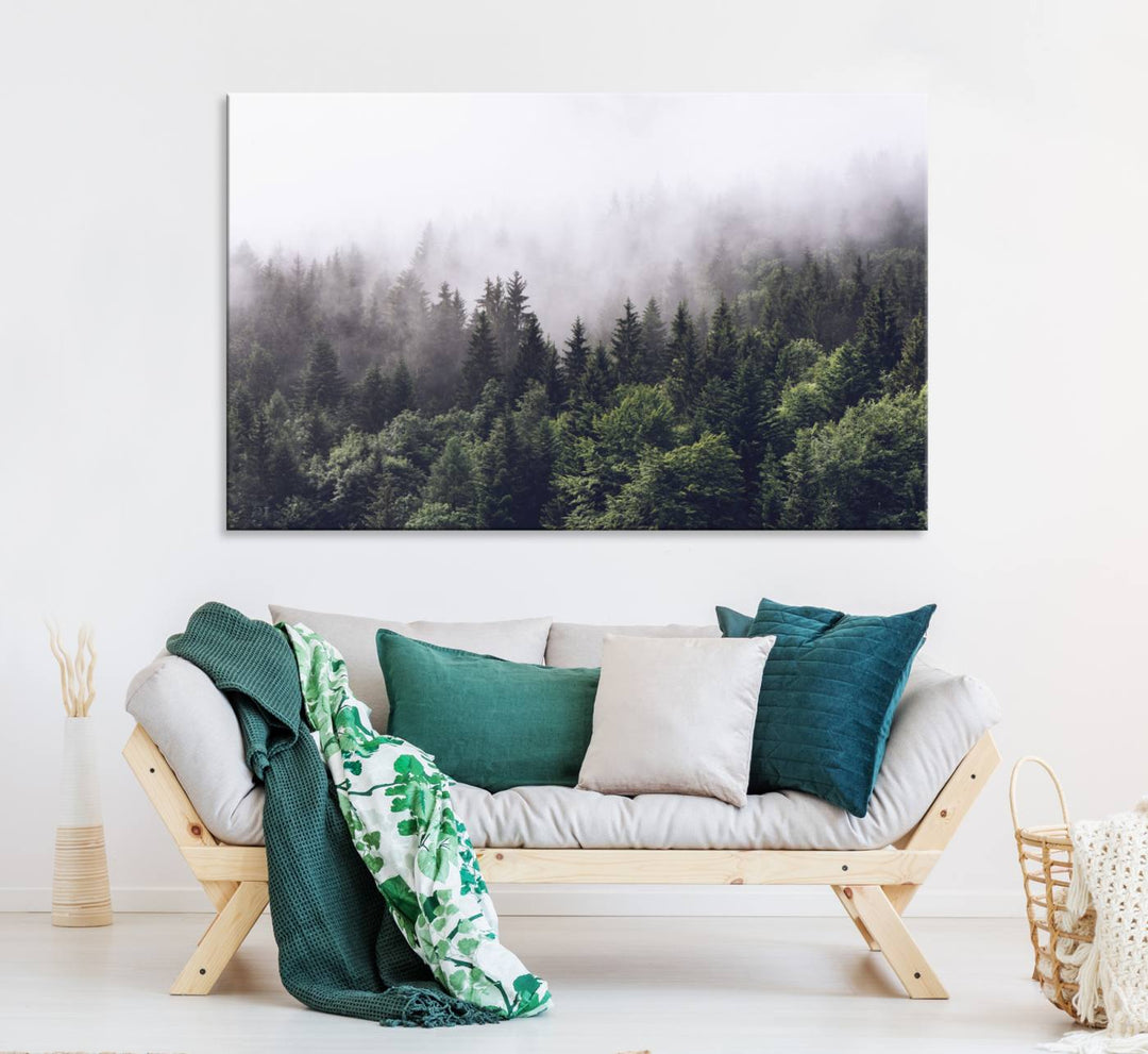 A serene triptych nature print featuring a misty forest, perfect as wall art.