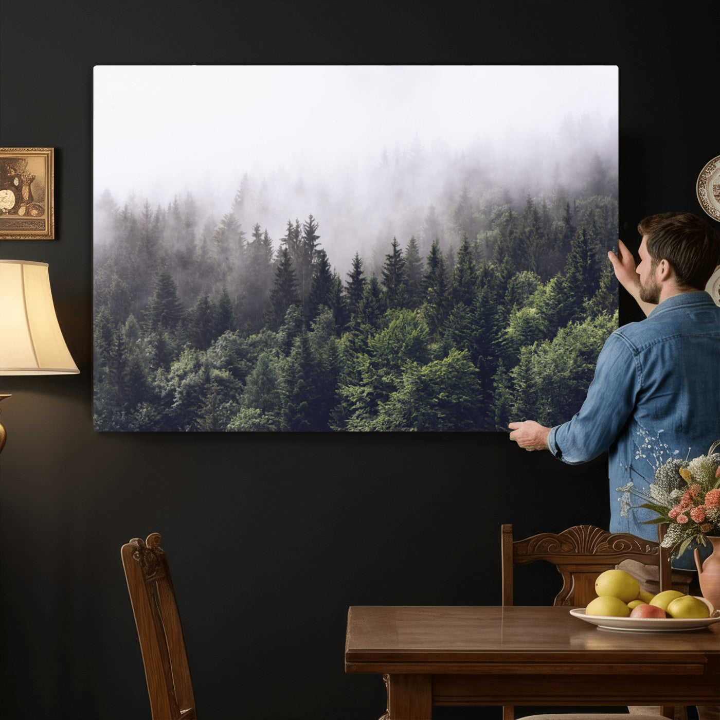 42578900-MGV-CV-36X24 - Misty Forest Canvas Wall Art – Serene Triptych Nature Print – Woodland Landscape Decor for Living