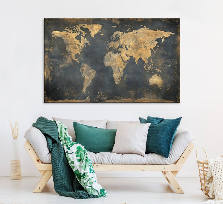 Grunge World Map Canvas Wall Art - Vintage Aged World Map with Golden Tones, Framed Artwork for Living Room, Office, or Study Decor