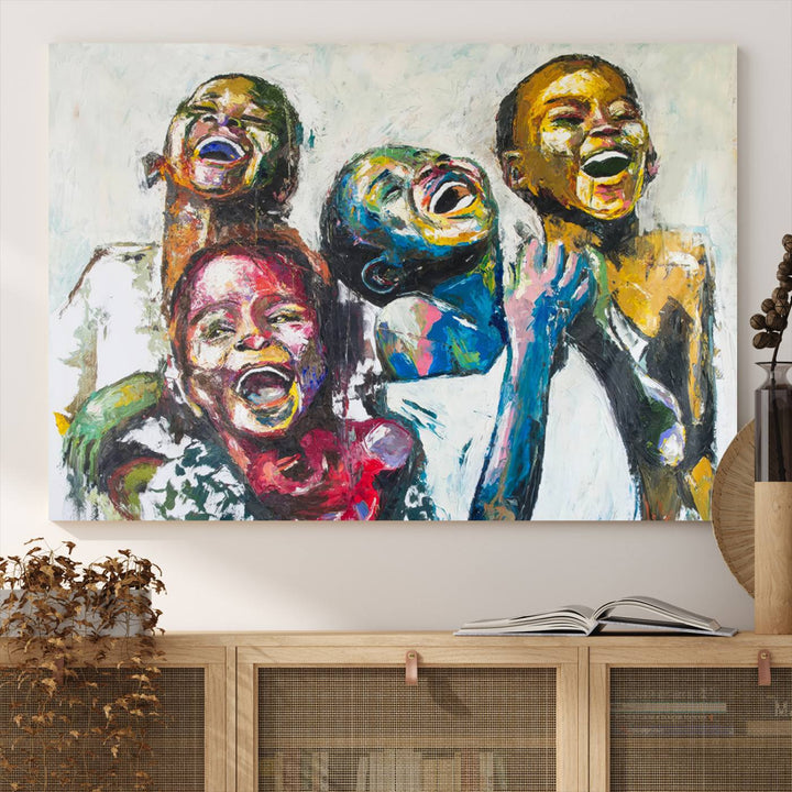 A multi-panel decor piece titled "Joyful African Black Kids" by Shai Yossef features a vibrant impasto painting of four children laughing and is elegantly displayed as premium canvas wall art.