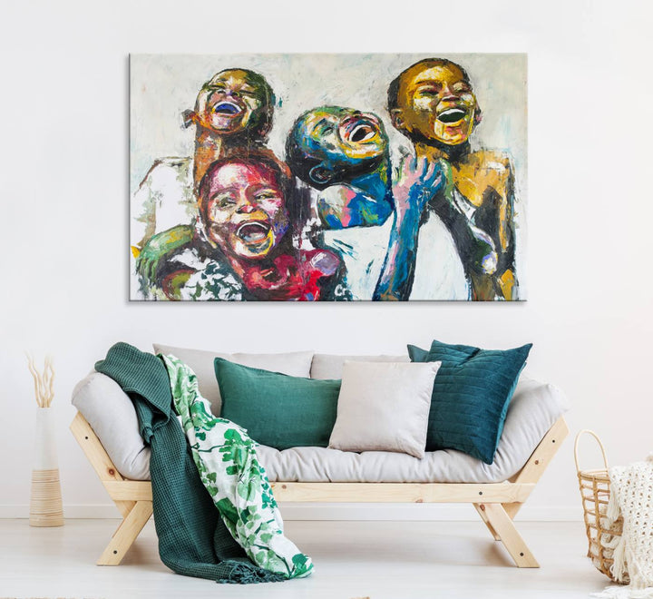 A vibrant Shai Yossef canvas art of joyful kids hangs prominently.