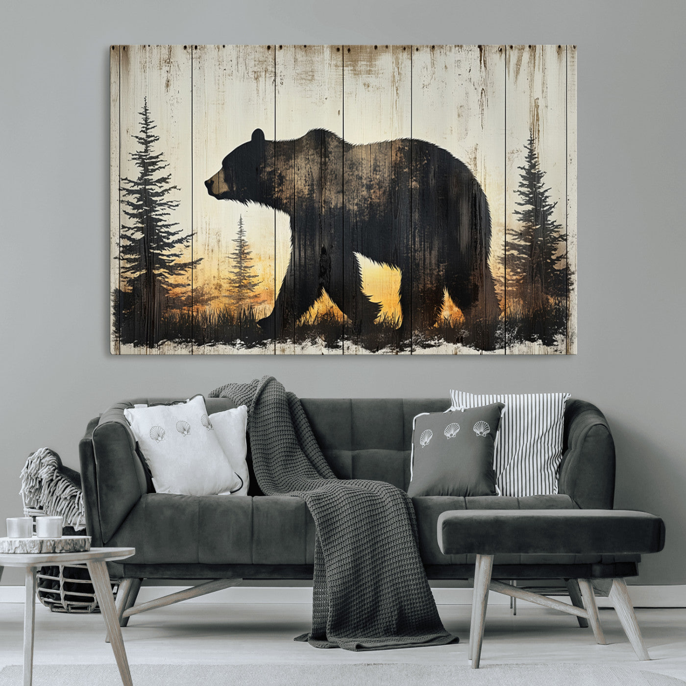 83875-MGV-CV-36X24-Vintage Bear Wall Art Canvas Print for Farmhouse - Mountain Wood Canvas Wall Art - Forest Silhouette