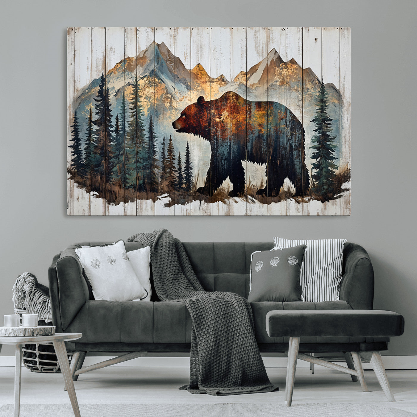 55777-MGV-CV-36X24-Rustic Grizzly 399 Bear and Mountain Wood Canvas Wall Art - Framed Nature Artwork with Forest
