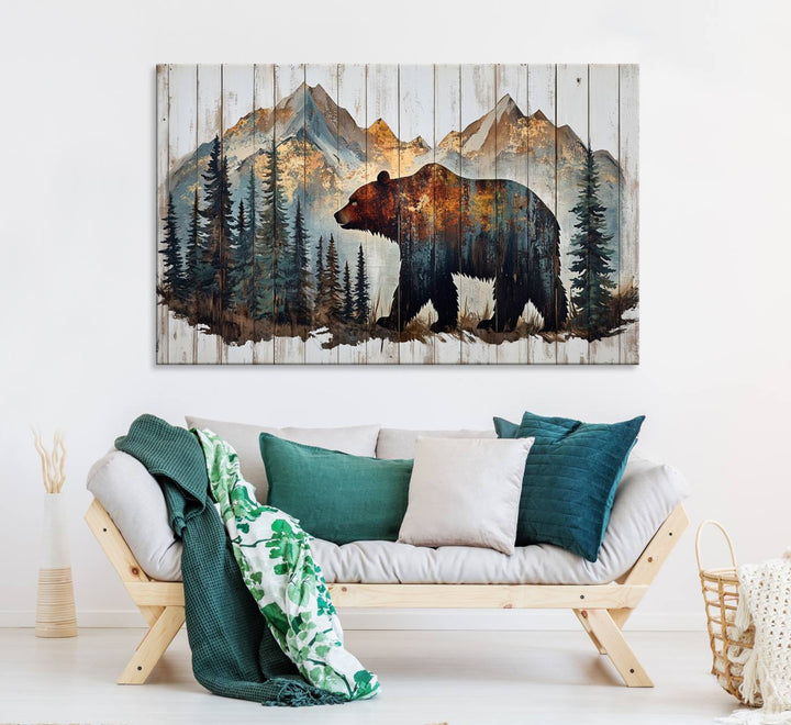 The living room features Rustic Grizzly 399 bear wall art, adding a cozy touch to the setup.