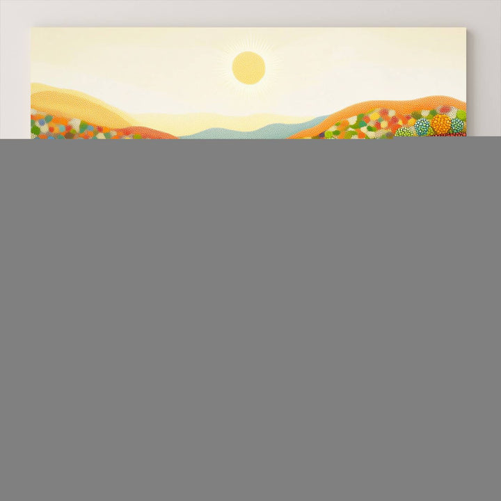 The YAYOI KUSAMA Colorful Dot Art Landscape Canvas, a framed abstract pointillism piece inspired by nature featuring vibrant rolling hills and a sun, adds gallery-quality elegance to your living space.