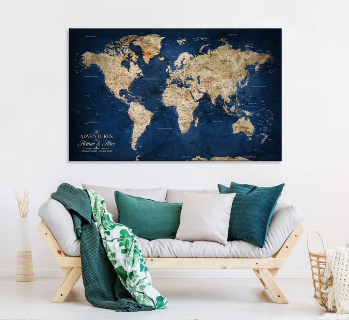 A Personalized Custom World Map Canvas Print on blue hangs prominently.